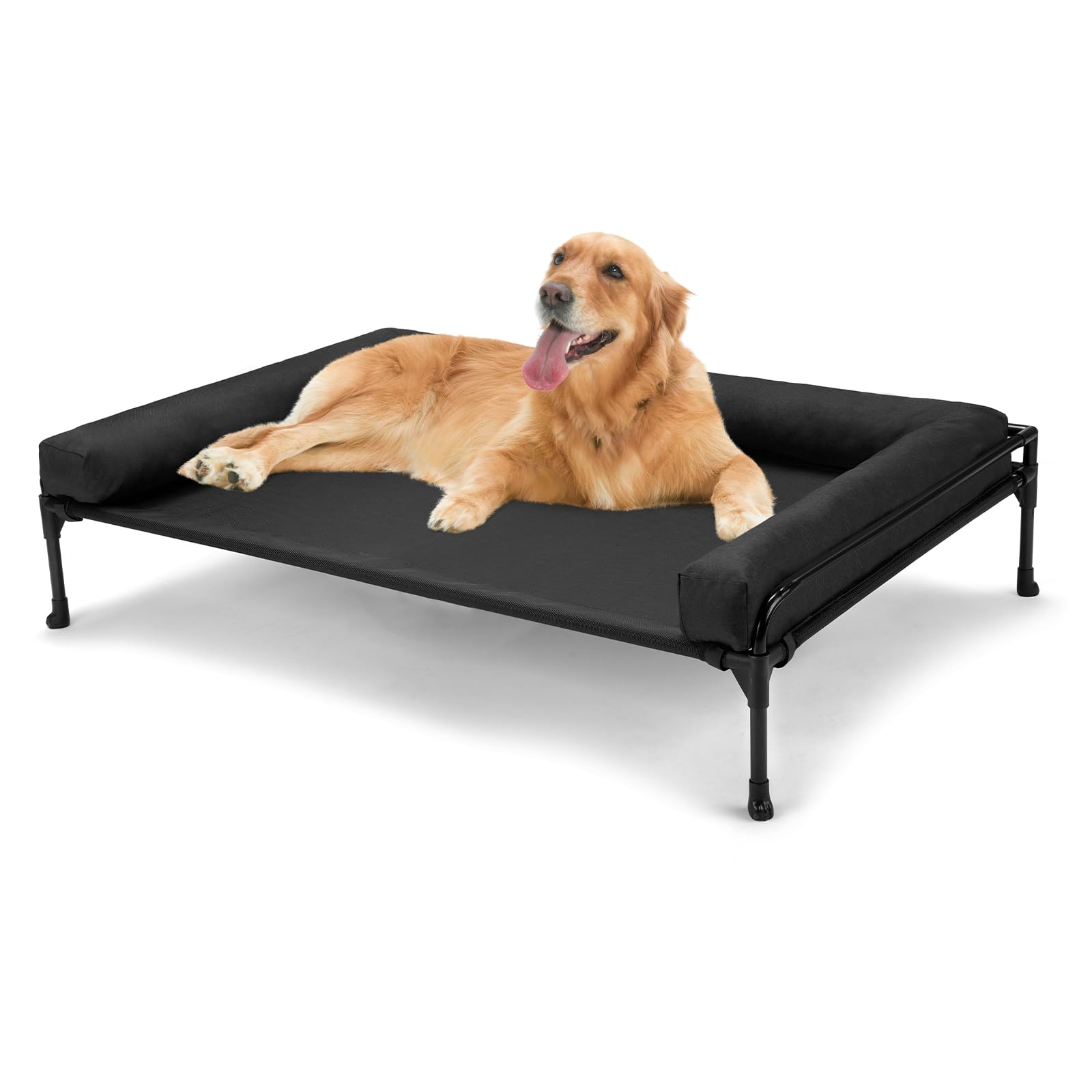 Veehoo Elevated Raised Dog Bed-Cooling Outdoor Dog Cot Bed for Large Sized Dogs Three-Sided Fence Raised Pet Cot with Mesh & No-Slip Feet Dog Hammock Bed with Removable Bolster-41 x 27" Black
