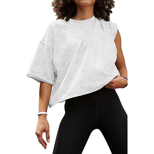 Carpetcom Oversized Workout Shirts for Women Short Sleeve Drop Shoulder Casual Crop Tops Baggy Gym Yoga Athletic Tee