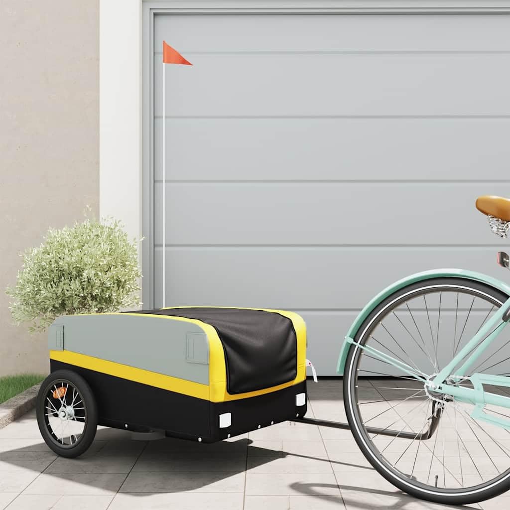 Przyczepa rowerowa, czarna i żółta, z żelaza, udźwig 45 kg, z dyszlem, flaga bezpieczeństwa do transportu ładunków, bagażu, aktywności na świeżym powietrzu, na podróż rowerem, na co dzień