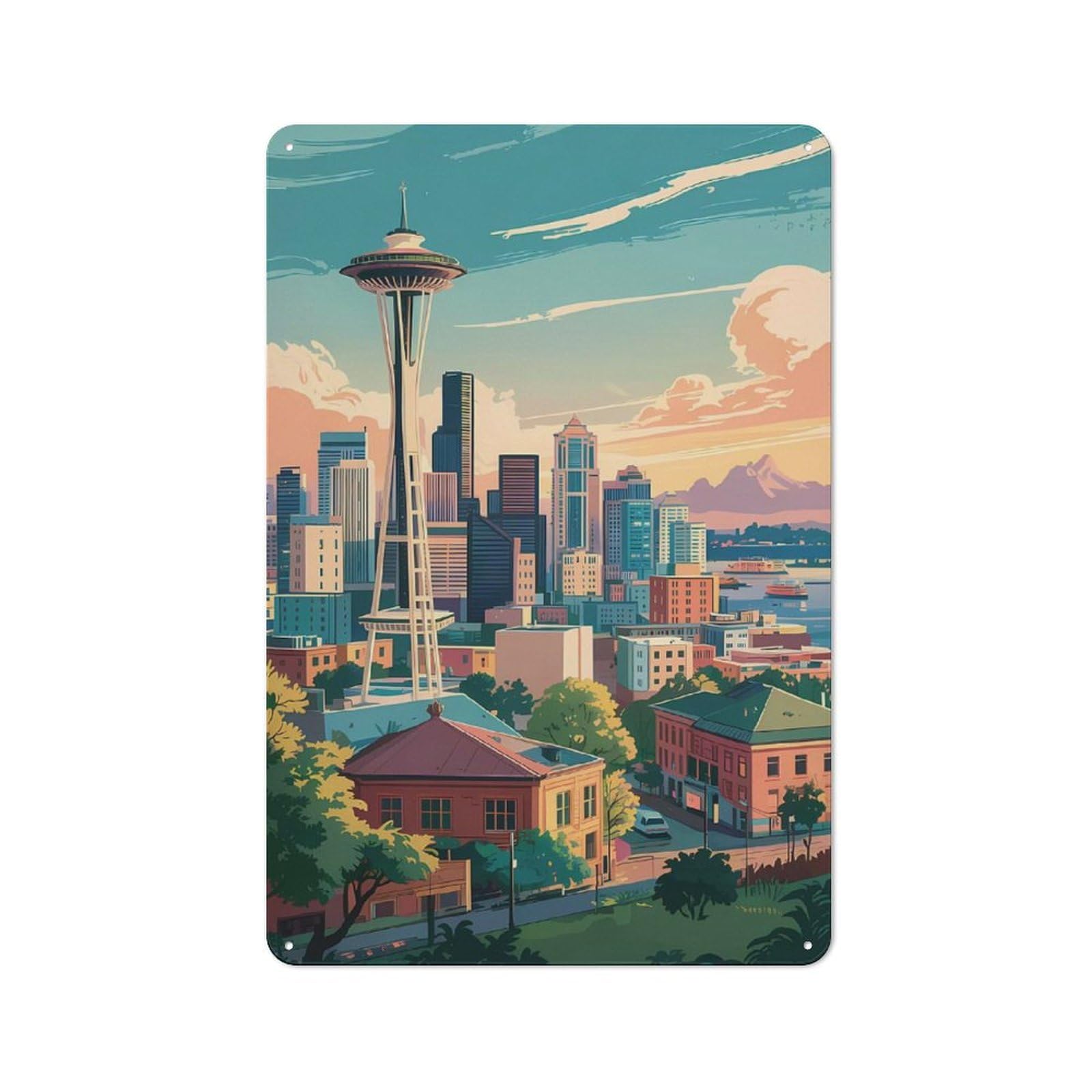 Junmoney Style-15 Seattle Skyline With Space Needle Tin Sign 30X20cm, Vintage Home Bar Decor For Cafe, Pub, Workshop Or Home Bar, For Relaxed Wall Styling