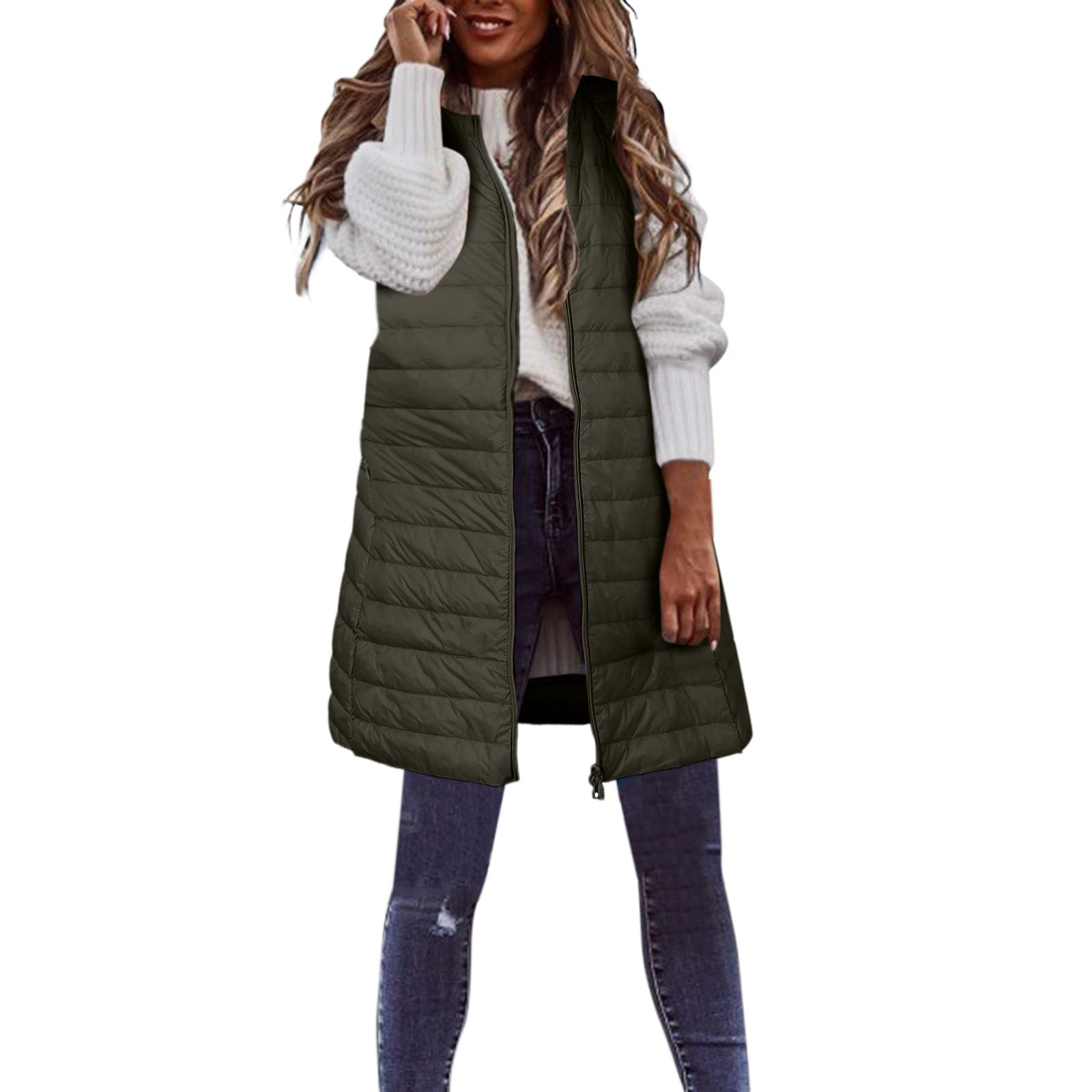 Generisch Piumino da donna, taglie forti, lungo, invernale, sottile, leggero, con tasche (A, XL)
