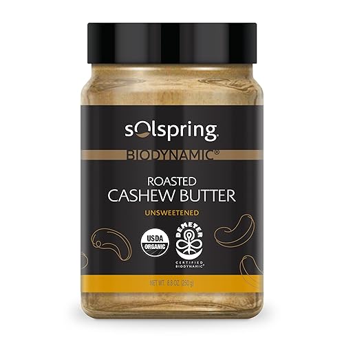 Solspring Mantequilla de anacardo tostada biodinámica, 8.8 onzas (8.82 oz), sin azúcar, certificada USDA orgánica, regenerativa, vegana, sin gluten,