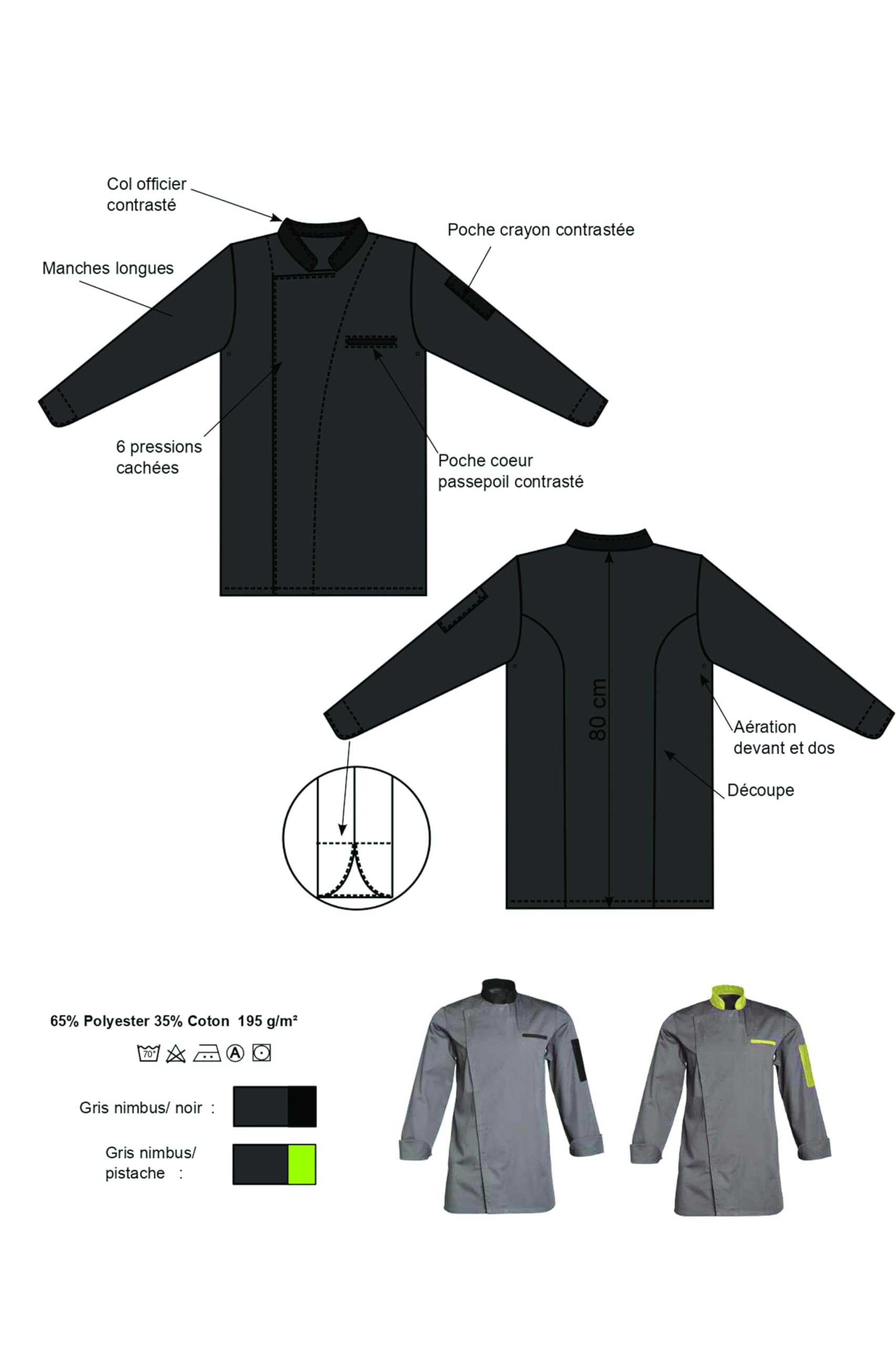 Chaqueta de cocina de manga larga con 1 bolsillo ribeteado lateral corazón 1 bolsillo bolígrafo. Chaqueta de chef profesional con ventilación delantera y trasera