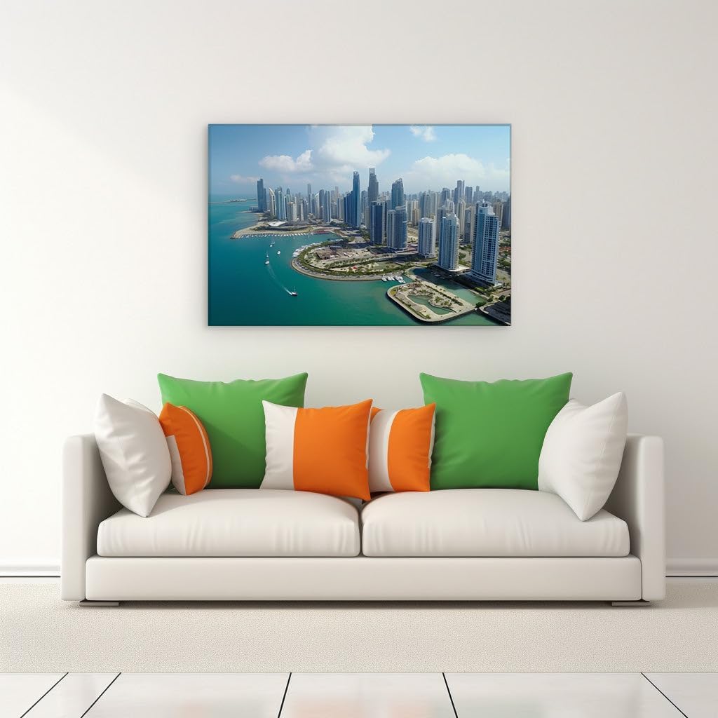 Canvas for Living room. Panama City From Above - Seafront Sophistication Meets Urban Vibrance, 27 x 18 inch Canvas Wall Art - Ready to Hang