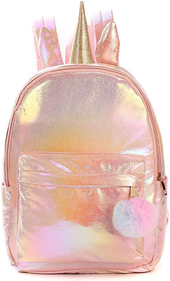 Unicorn Backpack,Holographic Reflection PU School Bag Lovely Large Capacity Casual Bag for Girl Accessories Travel Rucksack Straps - Pink