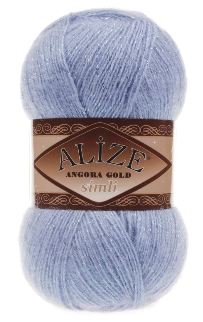 Alize Angora Gold Simli 5% Metallic - 20% Wool - 75% Acrylic Lot of 4skn Yarn Thread Crochet Lace Hand Knitting Turkish Yarn 400gr 2196 yds Color (40 - Blue)