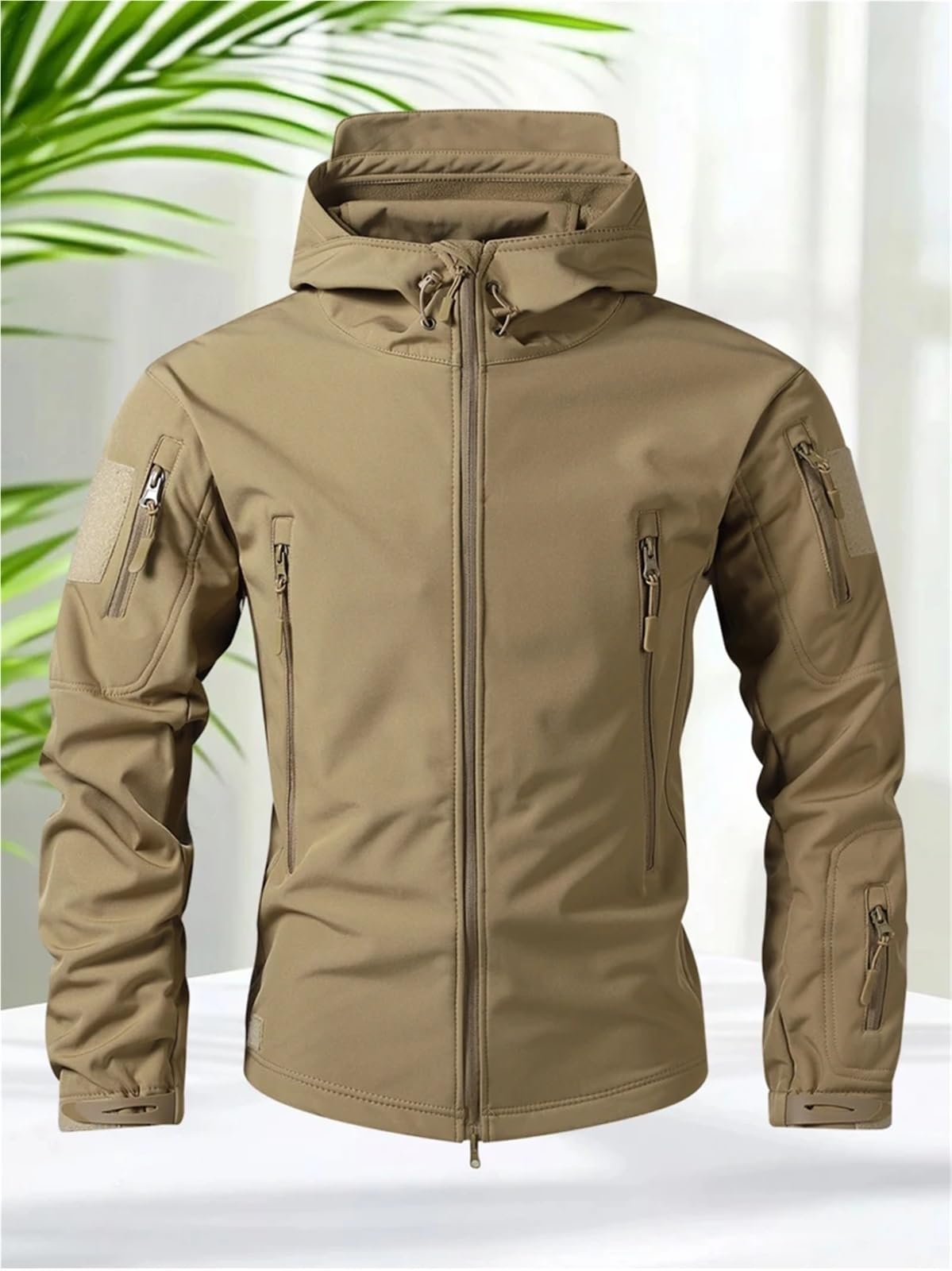 Giacca impermeabile da uomo, softshell, for escursionismo, caccia, multitasche, con cappuccio, fodera in pile, resistente alla pioggia Per Uomo