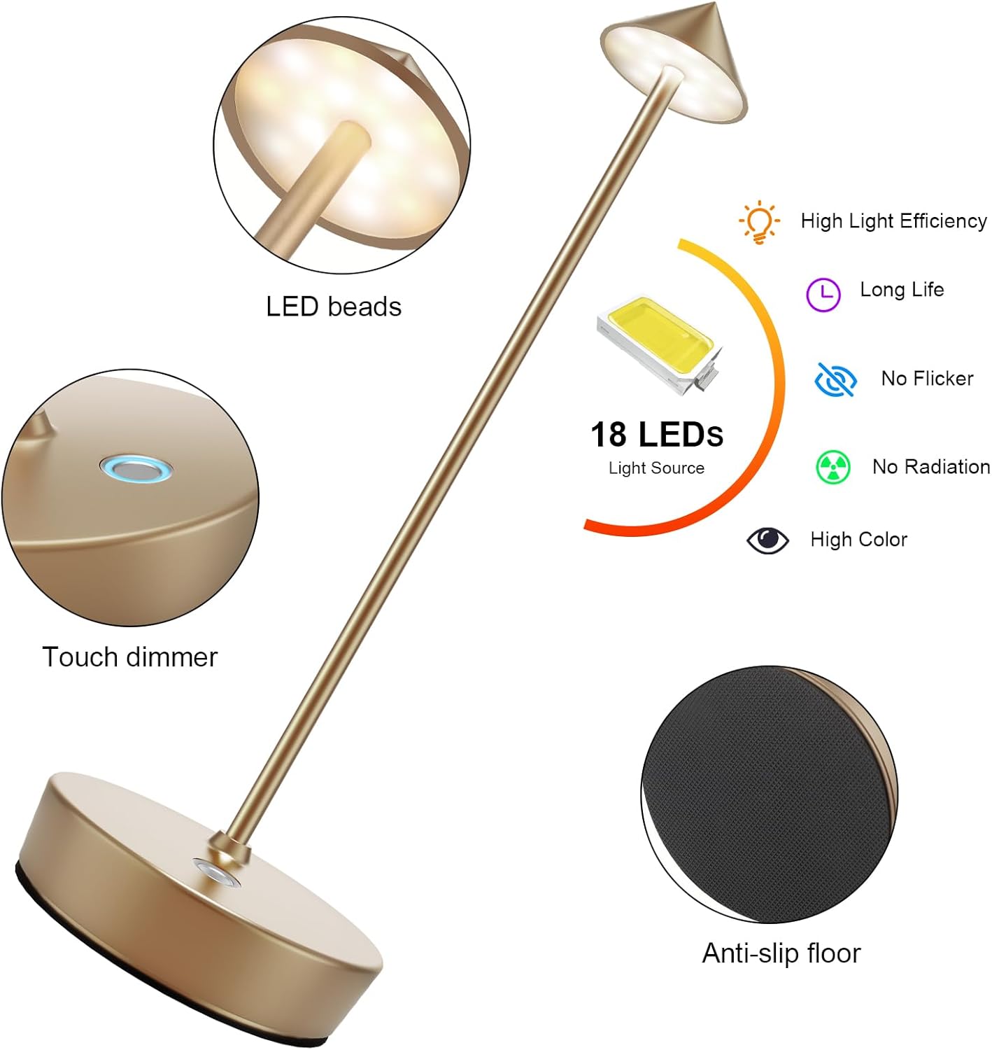 LED Rechargeable Table Lamp Cordless-Outdoor Portable 6000mAh Battery Operated Lamp, 3 Colors Stepless Dimming Lamps for Restaruant Patio (Titanium)