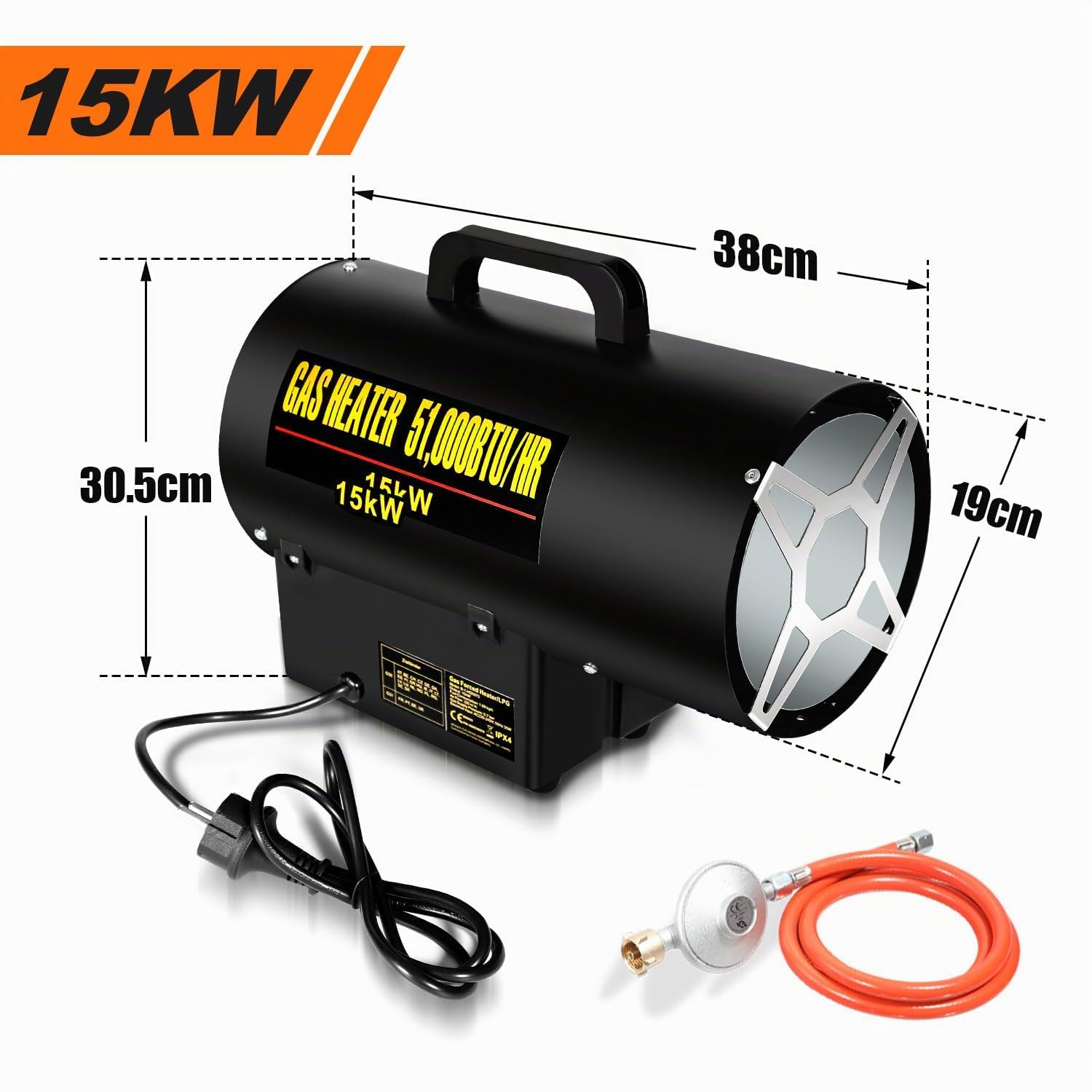 Eulenke Soplador de calefacción de gas de 15 kW Calefactor de gas Caudal de aire 320 m³/h, Calefactor radiante de gas incl. manguera de gas y reductor de presión, cañón de calor generador de aire