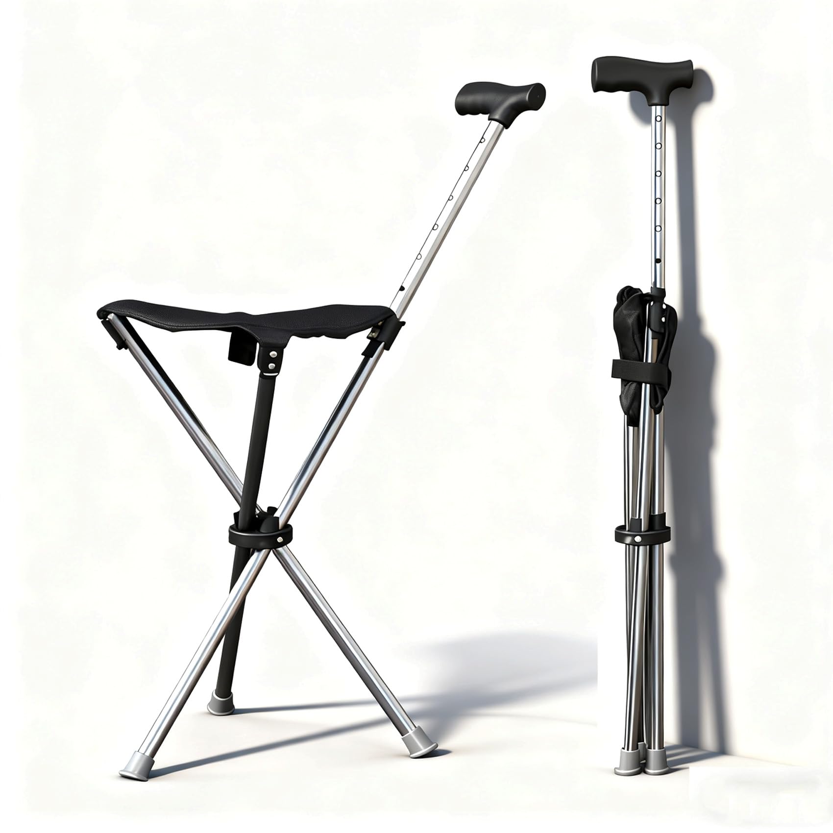 Bastón plegable con función de asiento, altura de 80 – 90 cm, capacidad de carga de 150 kg, base de silicona antideslizante, para personas mayores de 140 – 190 cm, ideal para exteriores