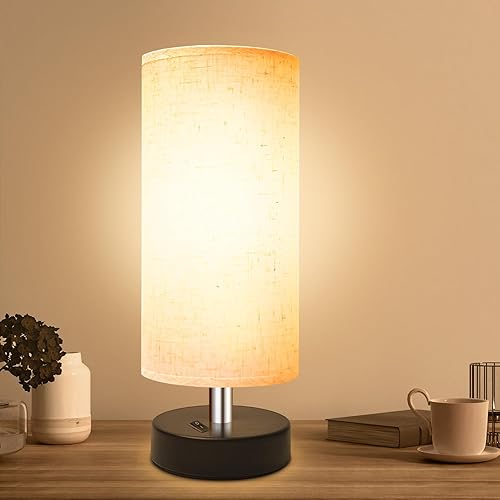 Lámpara pequeña para dormitorio, lámparas de noche para mesitas de noche, mini lámpara de mesa minimalista con pantalla redonda de tela de lino,
