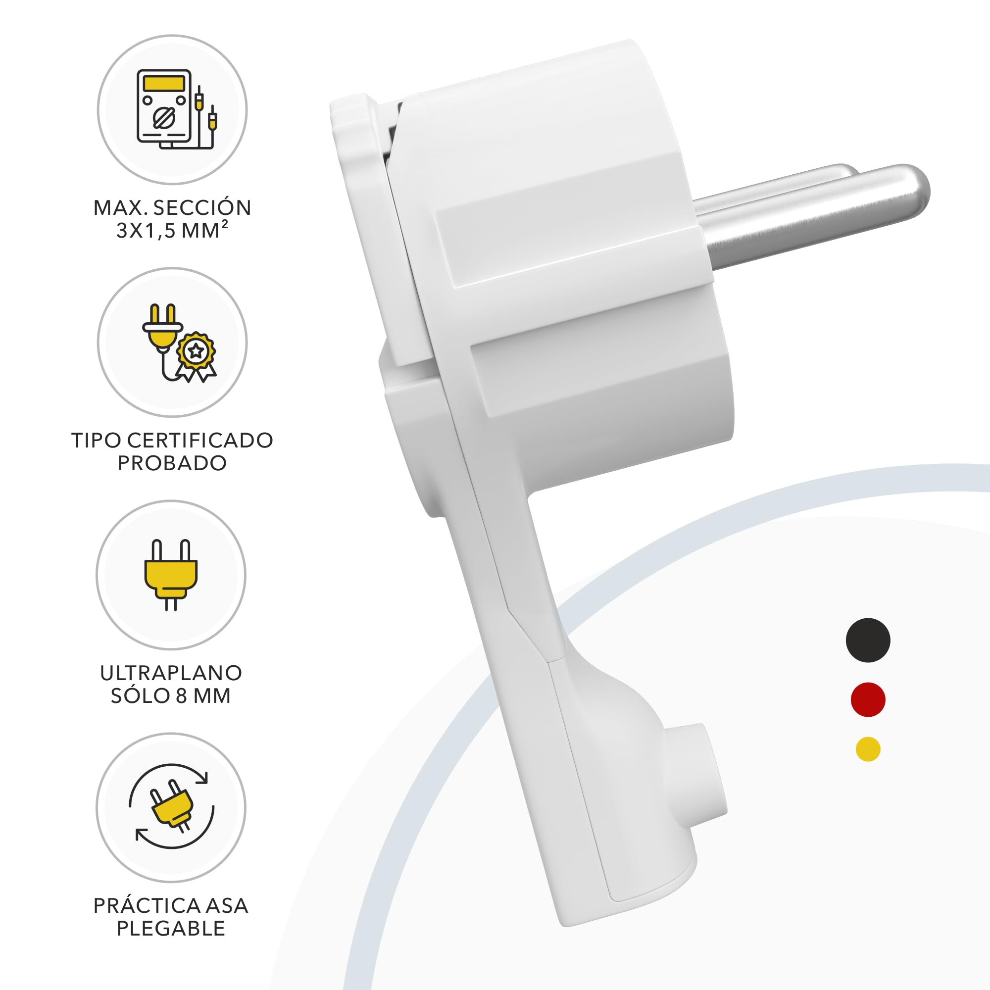 Enchufe Macho Plano Acodado con Contacto de Puesta a Tierra Plástico 8 mm de Altura asa Plegable Protección Contra Dobladuras 250V 16A para Cable de hasta 3x1,5 mm² Angulo CEE 7/7 4 Pieza Blanco