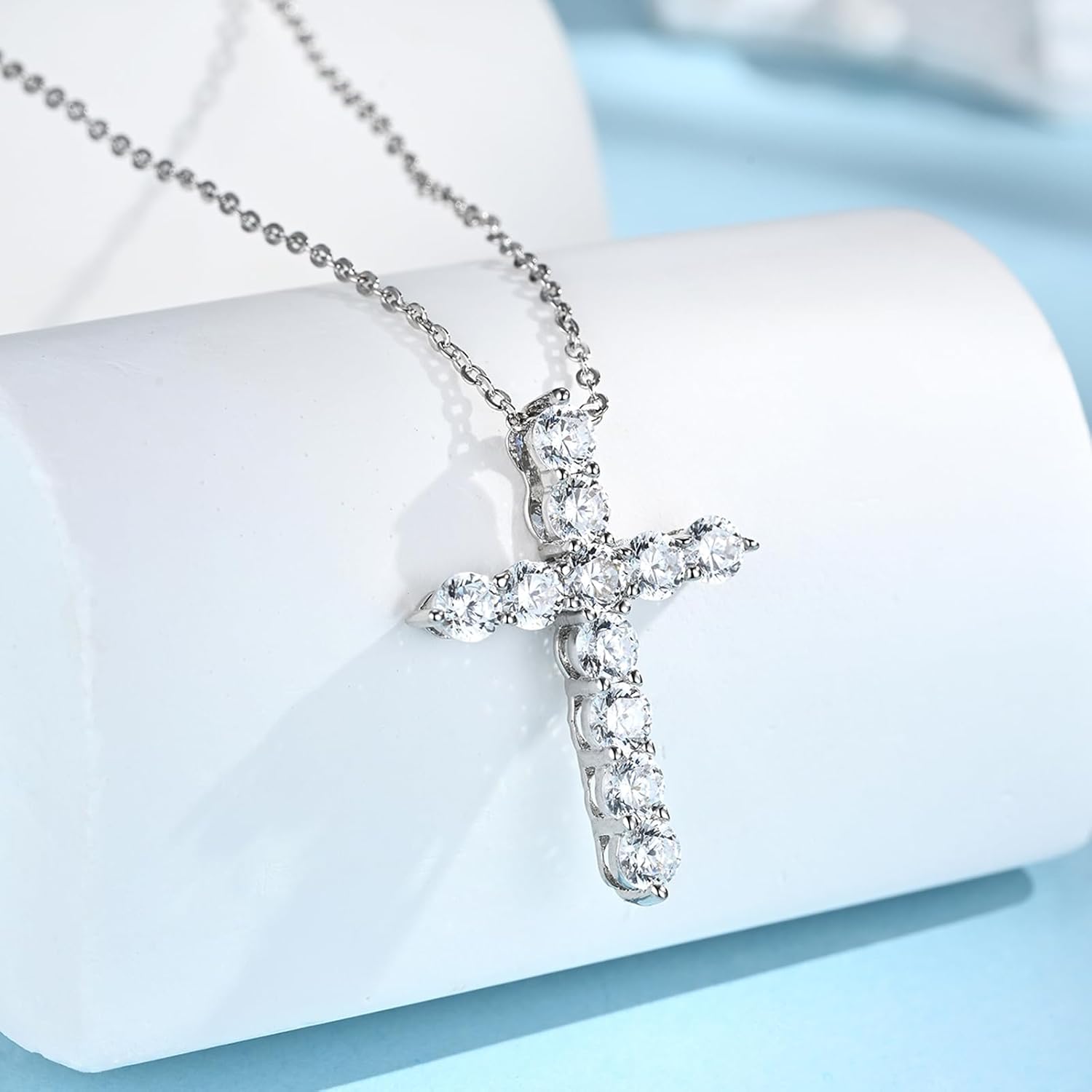 Cubic Zirconia Cross Necklace for Women-18K Silver Plated Cross Faith Pendant Necklaces-18+2" Silver Chain D Color Round Cut-Wedding Anniversary Christmas Jewelry - Image 3