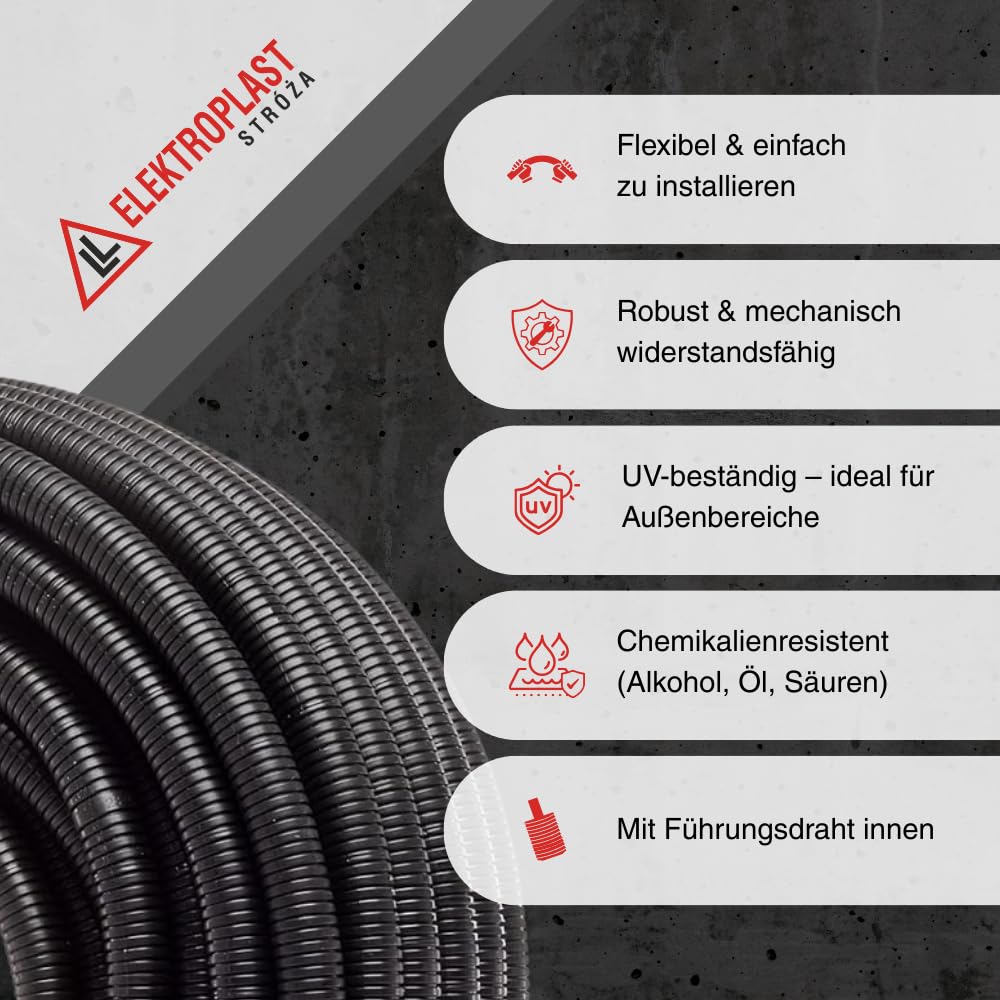 Flexibles Wellrohr mit Führungsdraht, Härtedruck 750N, Ungeschlitzt, UV-Beständig, Durchmesser 19mm, Länge 25 m