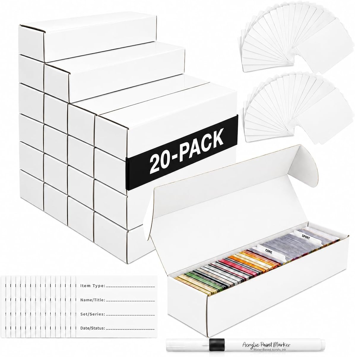 Trading Card Storage Box | 20-Pack 1150 Count White Corrugated Cardboard with dividers,labels & Marker pen | Bulk Sports Storage Box for TCG/Magic/Mtg storage and Collection
