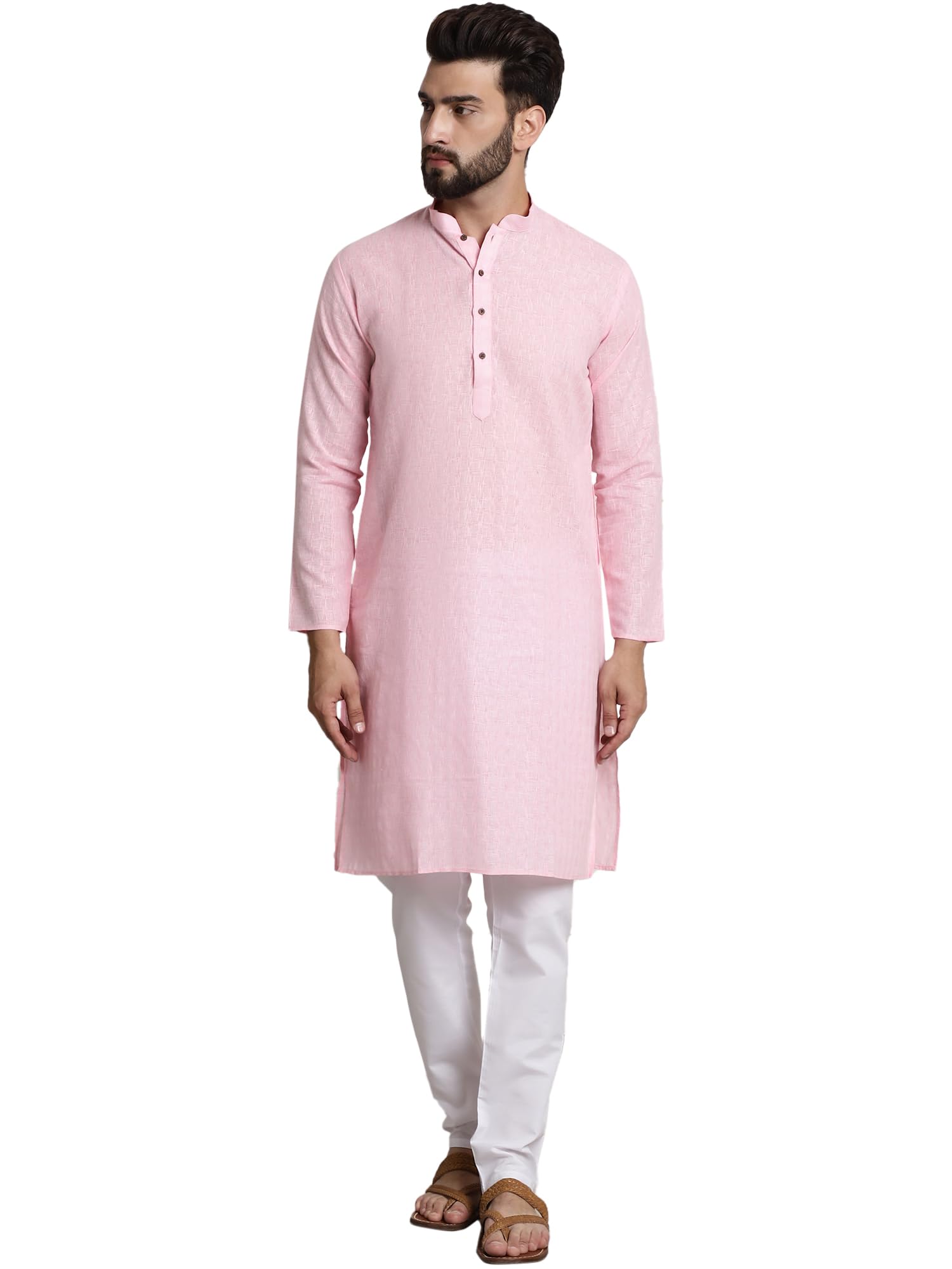 Sojanya (Since 1958 Men's Cotton Blend Pink Checked Kurta And White Churidar Pyjama Set