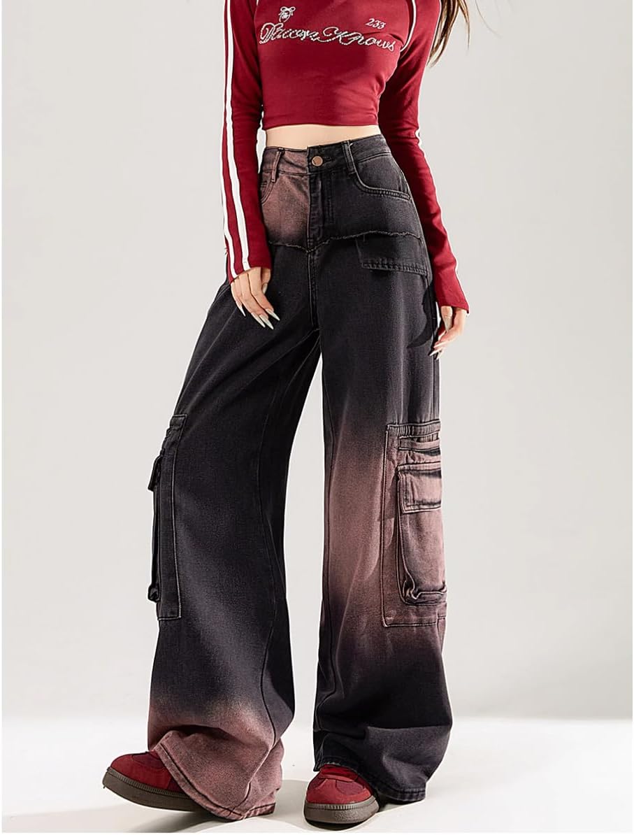 Fashion Gothic Straight Jeans Casual Tie-Dye Patchwork Multipocket High Waisted Baggy Y2K Denim Pants - Image 3