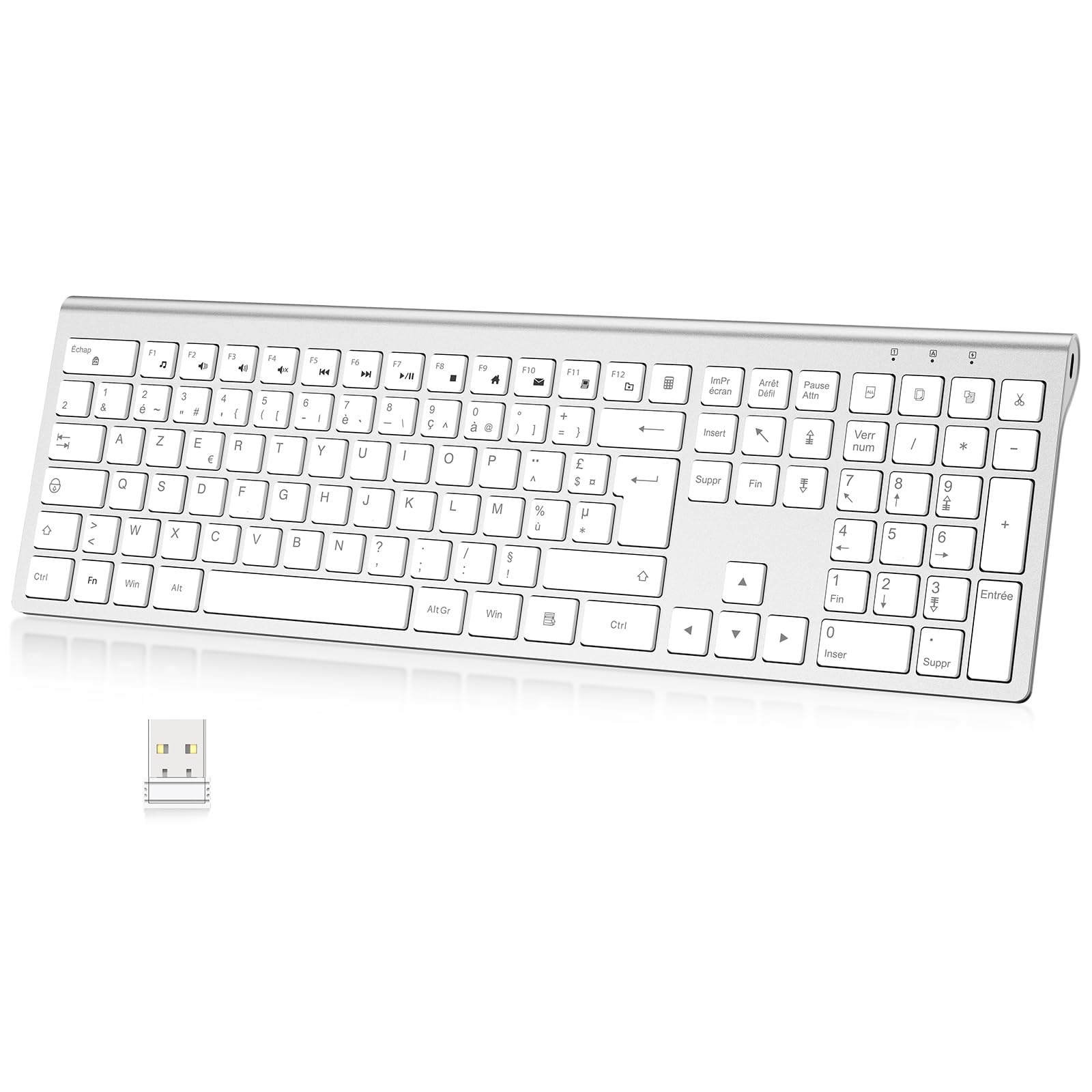 cimetech Clavier sans Fil Rechargeable, Connexion 2.4Ghz, Clavier Silencieux, Ultra-Fin, AZERTY Français, avec Pavé Numérique, pour MacOS/iOS/Android/Windows/PC/Ordinateur/Portable-Blanc Argent