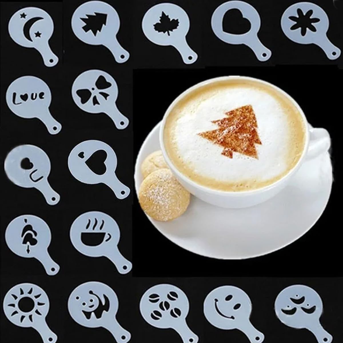 2 Stück Puderzuckerstreuer Kakaostreuer für Cappuccino - 16 Stück Druckform-Schablonen, Kaffee Zubehör Edelstahl-Pulverstreuer, Mehlstreuer mit Deckel