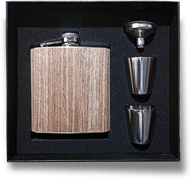 BahuTech Hip Flask Wood Cover Stainless Steel 6oz Perfect for Men Gifts Birthday Anniversary (Oak) (HF-W01)