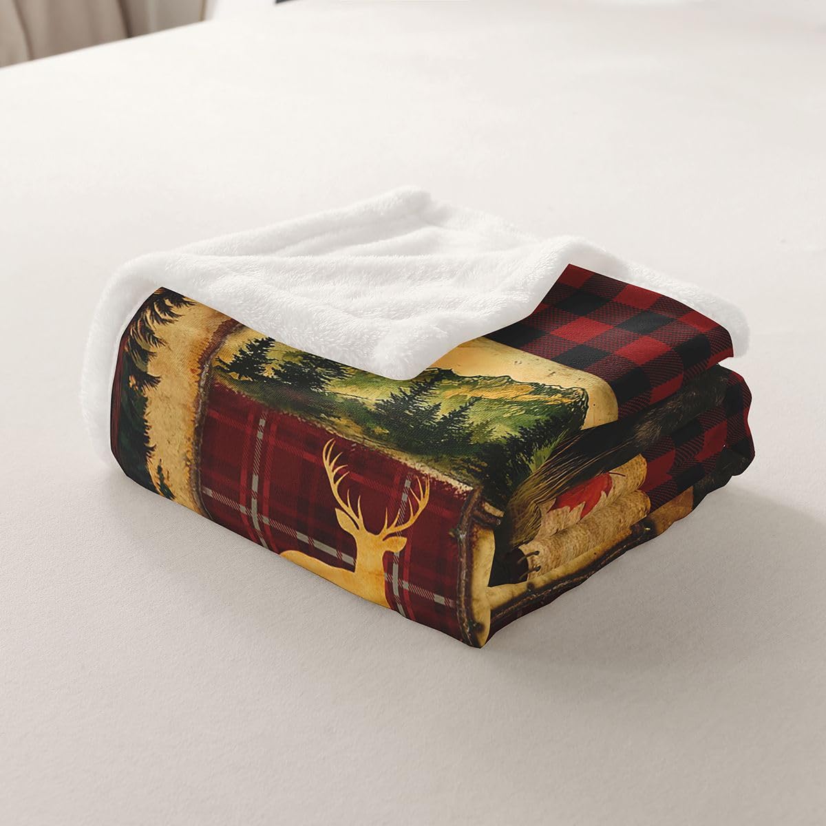 Bear Cabin Plaid Coperta Queen, Rustica Fattoria Coperta in Pile Coperta Retrò Caccia Cervo Coperta Country Woodland Pine Tree Fuzzy Blanket Foglia d'Acero Lodge Decor Sherpa, Rosso Nero Marrone