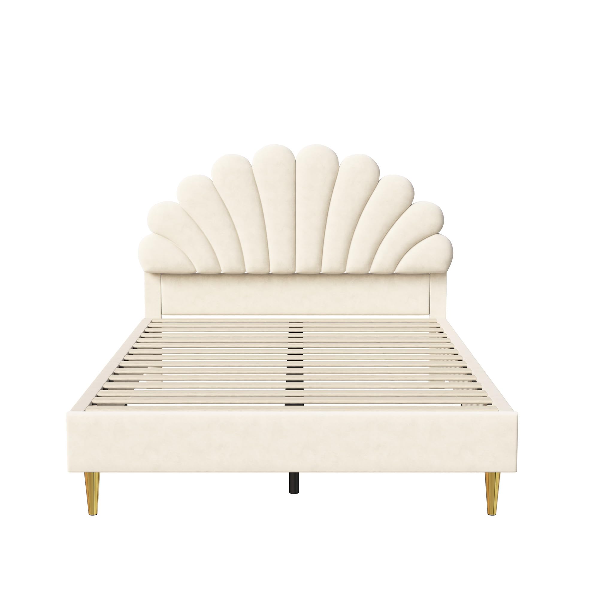 Lit Enfant Rembourré 140x200 cm,Lit Double Fille avec Tête de lit en Forme de Coquillage,Cadre de Lits avec Sommier à Lattes pour Enfants & Adultes, Velours, Beige, sans Matelas