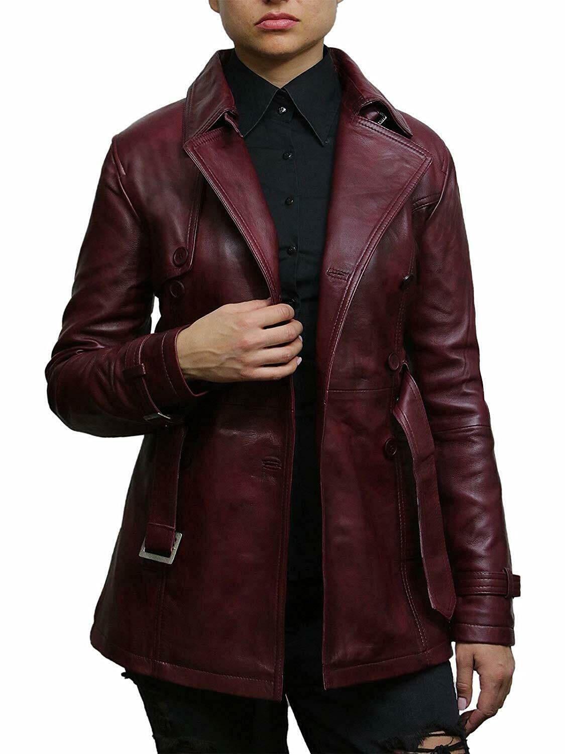 Brandslock Women's Burgundy Tan Superior Leather Biker Jacket Coat Vintage Retro Design (S, )