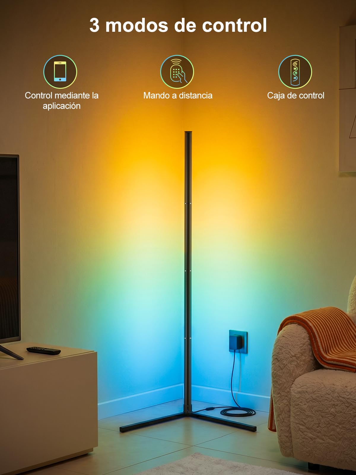 riyo Lámpara de Pie LED RGBIC, 146cm, 2400LM, 168 LEDs, Regulable 2800K-6500K, Sincronización de Música, Smart APP, para Salón, Gaming y Dormitorio,Negro