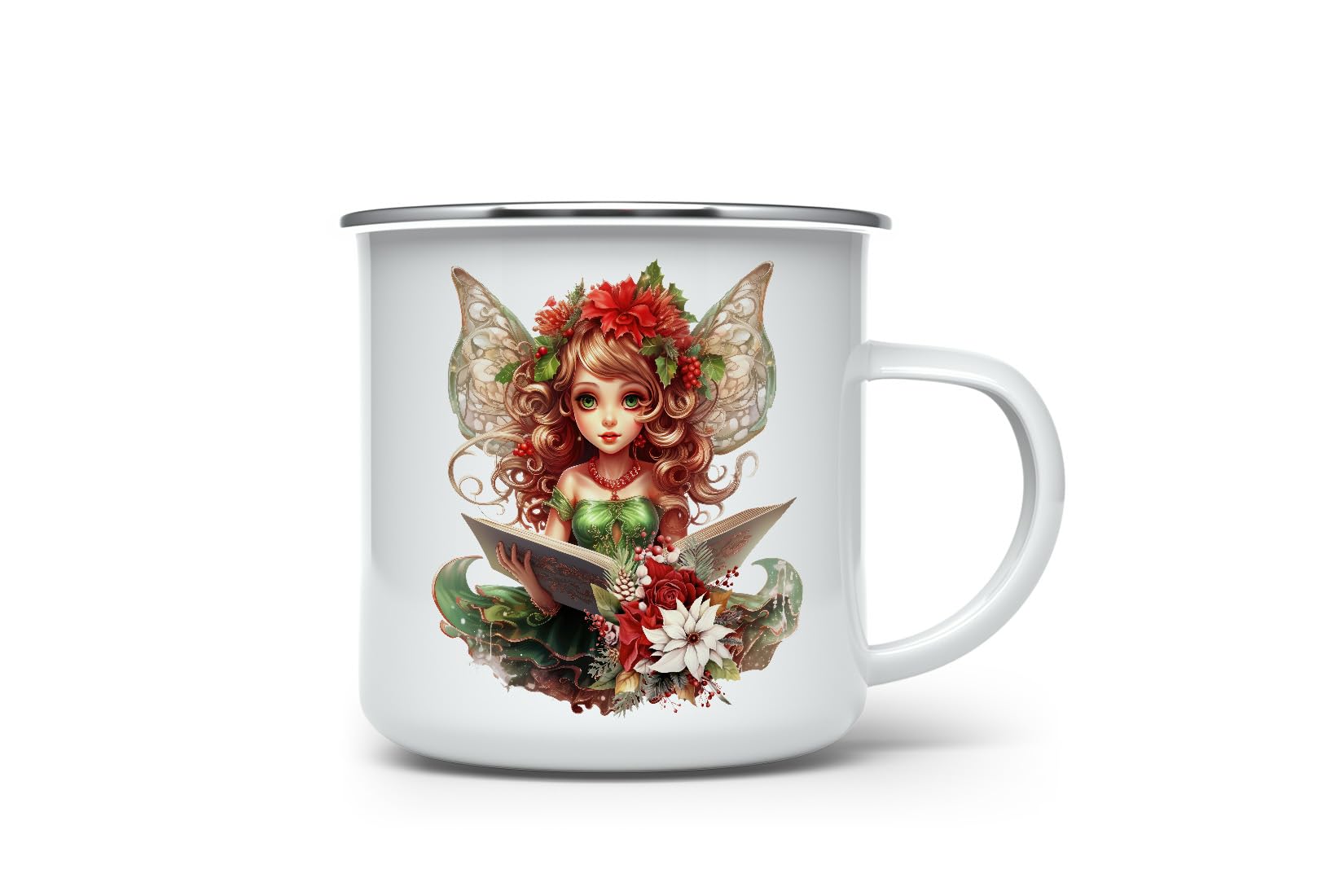 MAXIKIWI - Durable Enamel Coffee or Tea Camping Mug for Indoor Outdoor Use - Fairy Christmas Graphics - 350ml