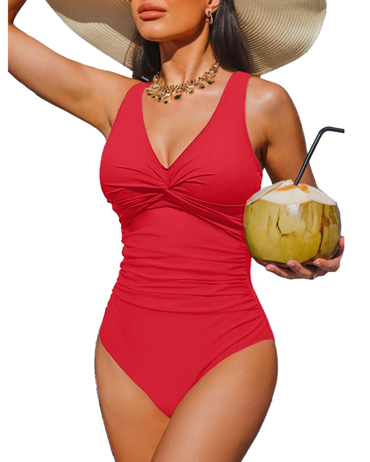 One Piece Swimsuit for Women Vintage V Neck Twist Bathing Suit Tummy Control Slimming Monokini, Red, Medium