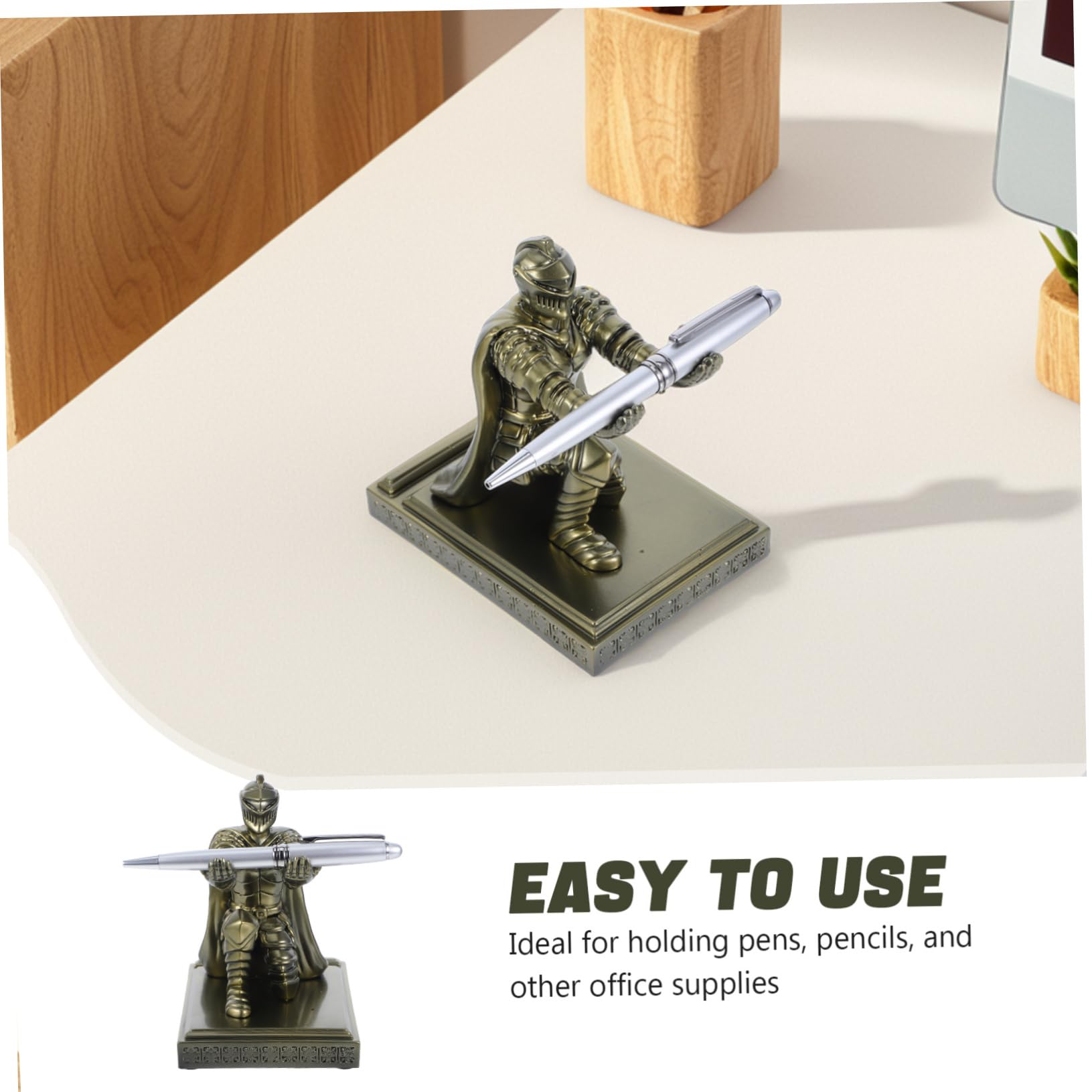 Gatuida Portapenne Statua Soldato Dorata Base Stabile Cavaliere Medievale in Resina Retro Accessorio da Scrivania Multifunzionale per Ufficio e Vanity