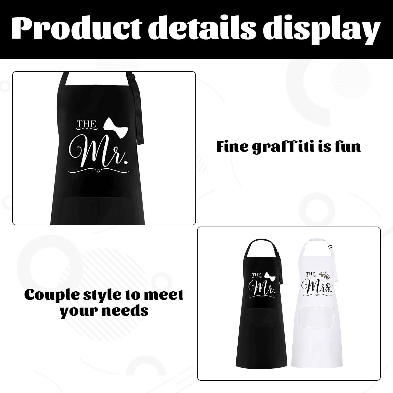 halit Couple Aprons, 2 Pcs Mr and Mrs Aprons, Black and White Personalised Apron with Pockets - Image 3
