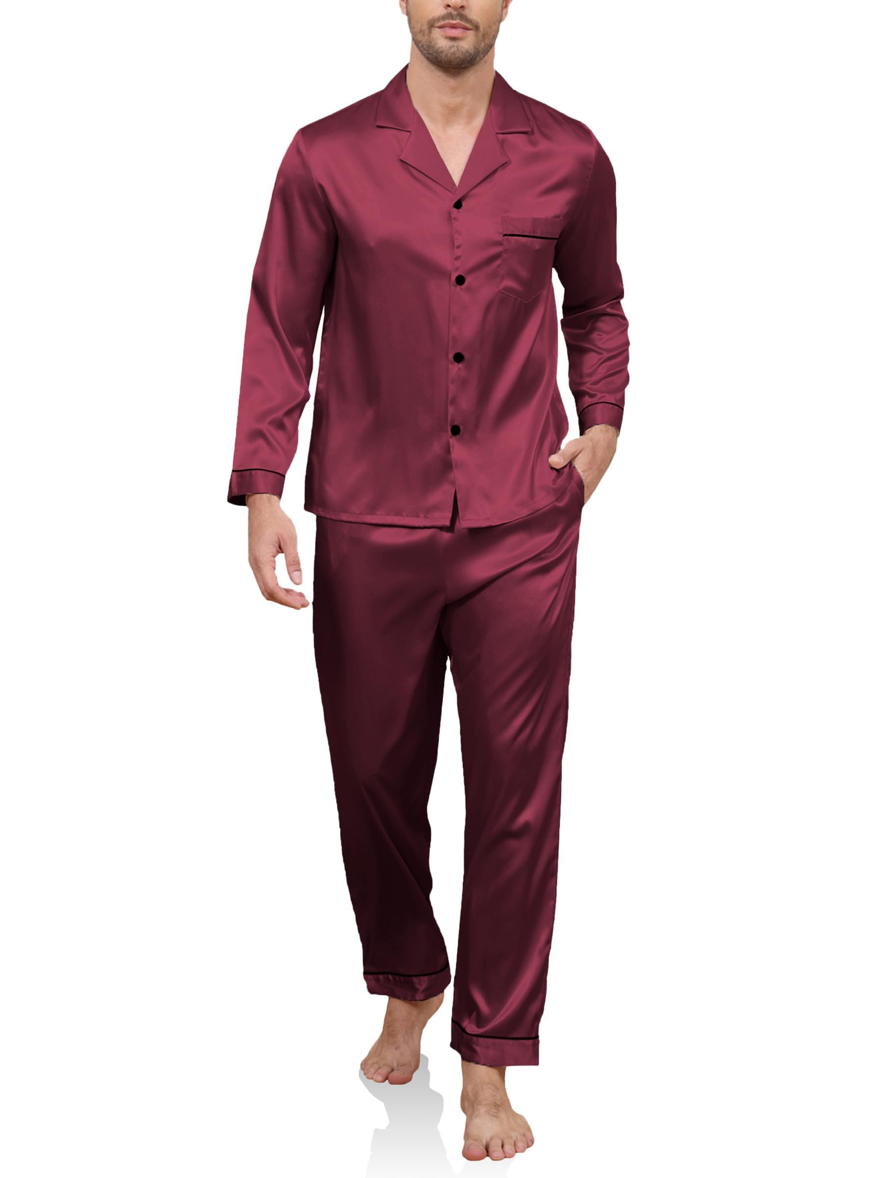 Reliwel Men's Wine Red-Long Silk Pyjamas Two Pieces Pyjamas For Long Sleeve Button Down Sleepwear Notch Collar Loungewear Breathable Nightwear Pjs Wine Red Xl