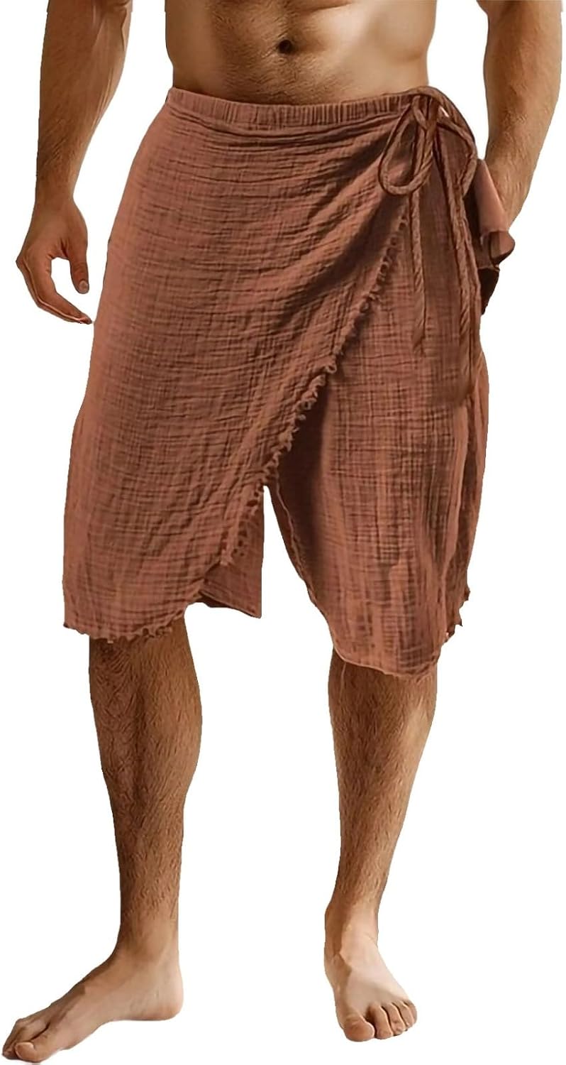 Beach Shorts for Men Linen Sarong Wrap Short Waist Elastic Breathable Beachwear Cover Up Swimwear