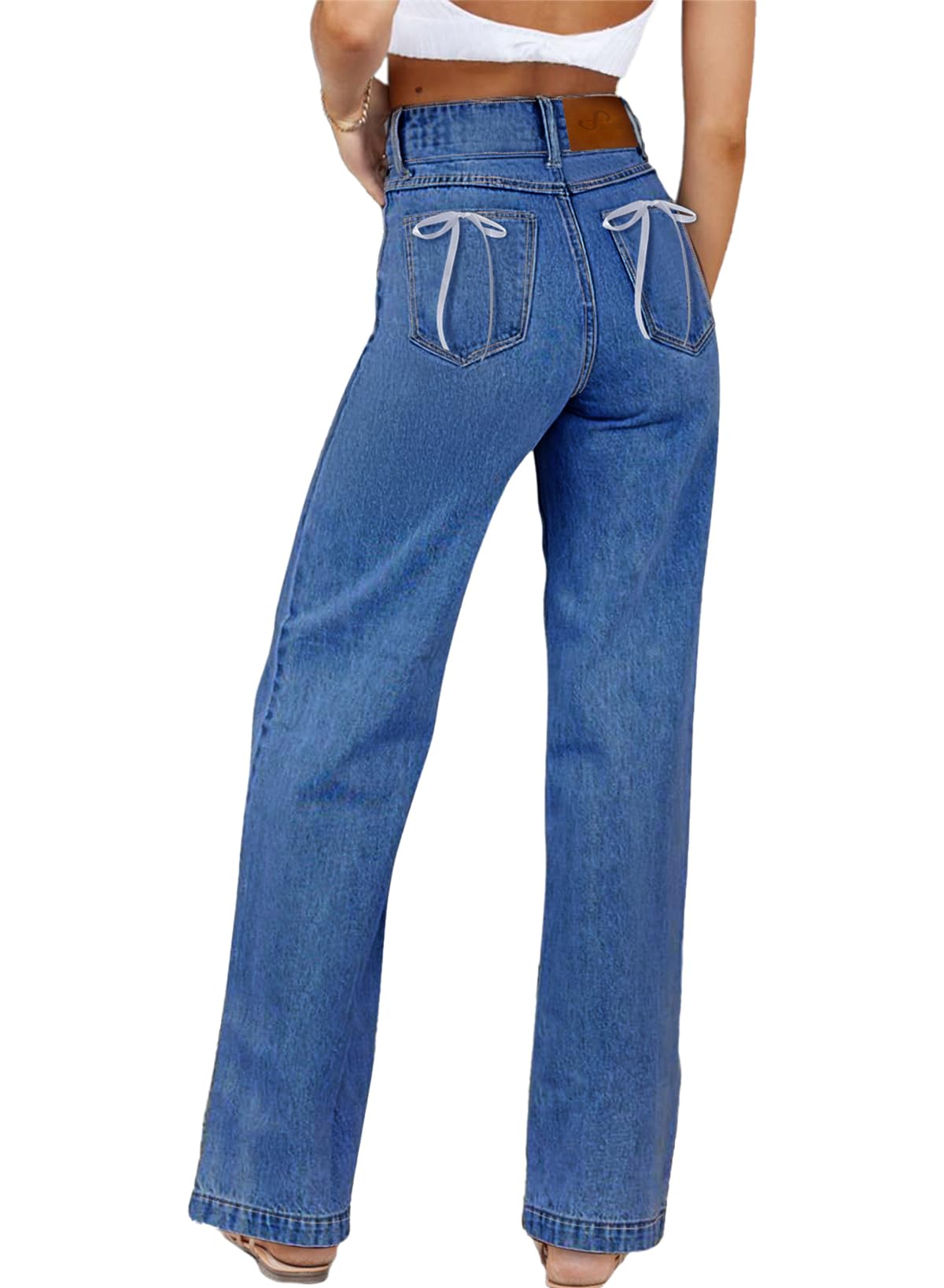 Sidefeel Women's Bowknot Embroidery Jeans High Waisted Straight Leg Stretchy Y2K Ribbon Loose Wide Leg Denim Pants