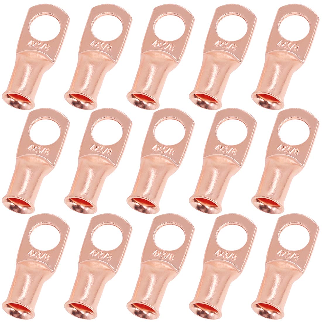 Swpeet 15Pcs 4 AWG - 3/8" (M10) UL Listed Copper Battery Cable Lugs, Wire Ends, Bare Copper Eyelets, Tubular Ring Terminals