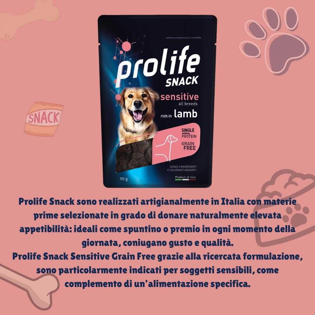 Prolife Snack Cane Adult Sensitive gusto AGNELLO, snack per cani adulti di tutte le taglie senza conservanti e senza cereali, grainfree, monoproteico | 3 bustine da 90 grammi l’una.
