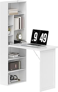 HOMCOM Wall Mounted Computer Desk, Space Saving Folding Study Table with White Board, Bookshelf, Floating Writing Desk with Adjustable Shelf, 9 Open Compartments for Small Space, White
