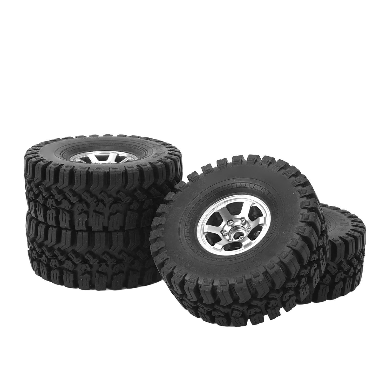 Baxnore 4 Pcs 1.9 Inch RC Crawler Tires with Aluminum Alloy Wheels Heavy Duty Rubber Off Road Tires for SCX10 RBX10 1/10 Scale RC Cars Replacement Parts (Silver)