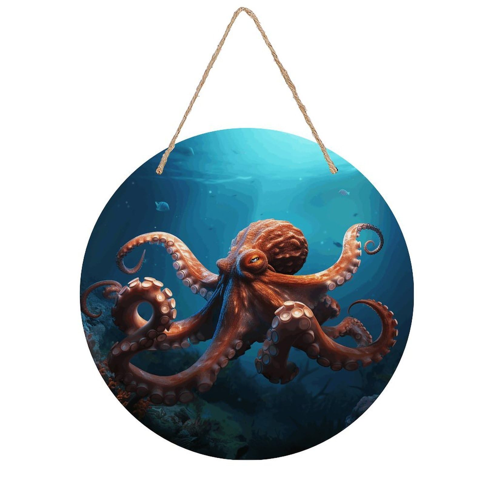 VstaDank Ocean Animal Octopus Wall Art Decor with Ropes Wooden Hanging Sign Hanging Wall Decor Artwork Round Wood Painting Modern Wall Prints Decor Picture for Office Bar Home Decors