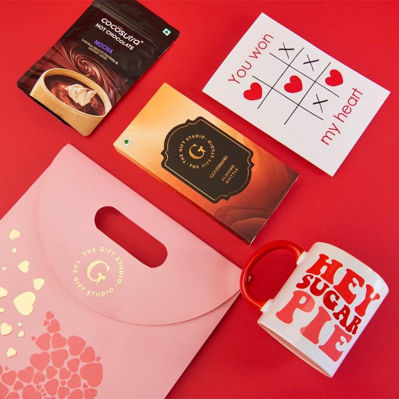Image of THE GIFT STUDIO.COM .Mug Sugar Pie Red with Almond Brittle, Cocosutra Hot Chocolate Mocha & Tic Tac Toe Hearts Card | Premium Coffee & Chocolate Gift Set