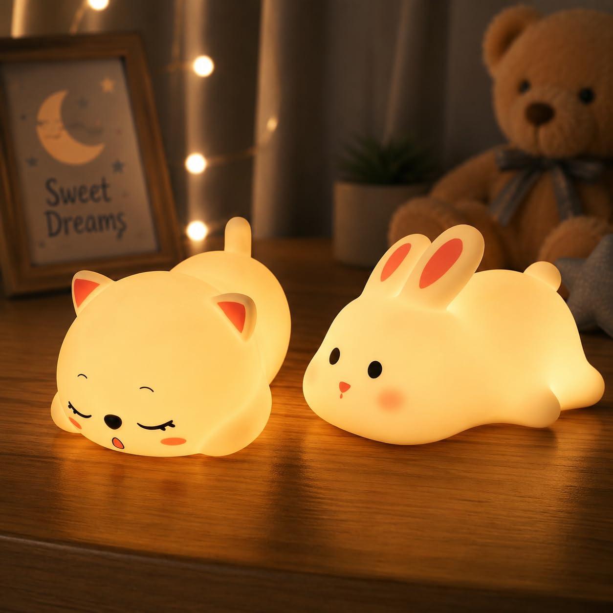 Cubbie Cute Animal Night Light Combo – Sleeping Cat & Naughty Bunny | Warm Yellow LED | Battery Powered | Kids Bedroom Decor & Baby Gift (Pack of 2) (Sleeping Cat & Naughty Bunny)-image-5