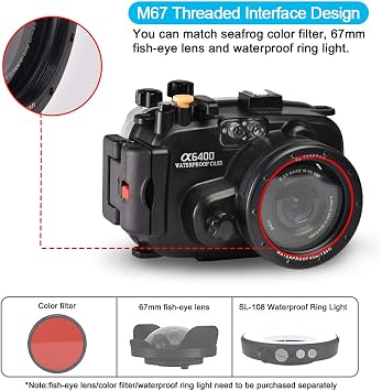 Sea Frogs 130ft/40m Underwater Camera Housing Waterproof Diving Case for Sony A6400 with 16-50mm Lens (Housing + Red Filter)