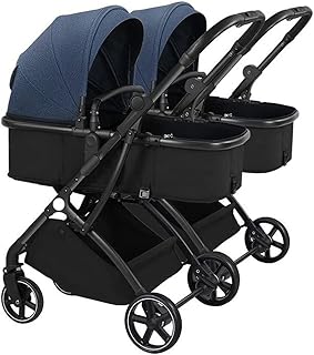 Double Pushchair Side by Side Pushchair Stroller for Twins,Twin Baby Pram Stroller,Double Stroller Infant and Toddler,Foldable Portable Tandem Umbrella Twins Stroller (Color : Green) (Blue)