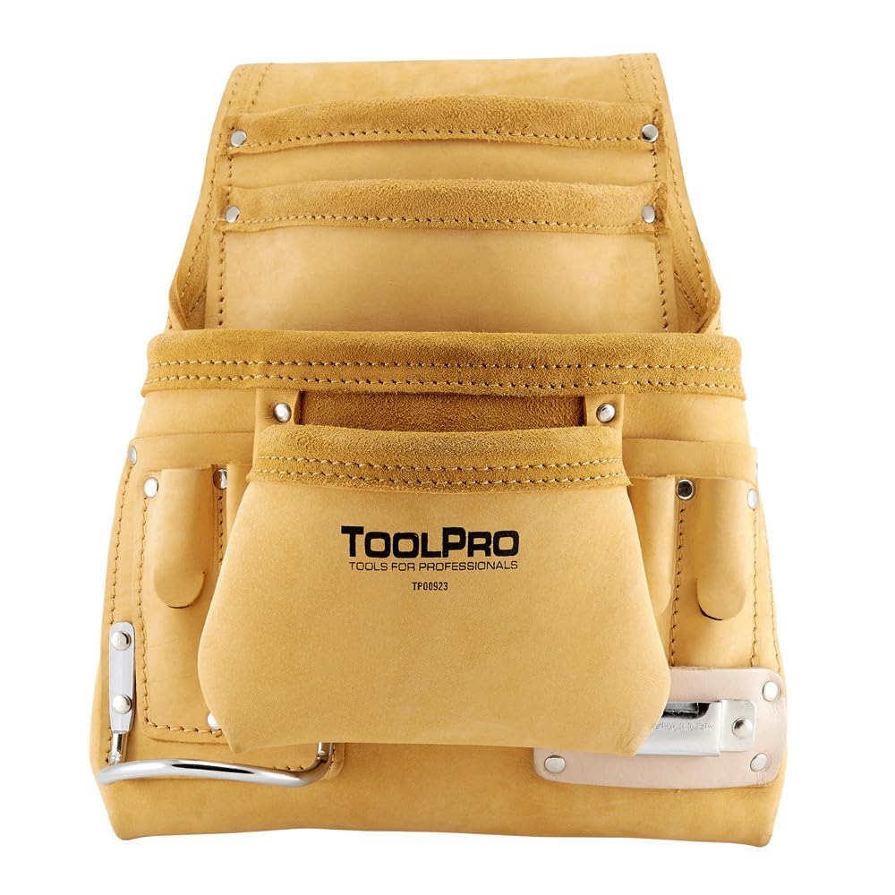 ToolPro 10 Pocket Top Grain Leather Nail Pouch - Professional Drywall & Construction Tool Pouch, Deep Pockets for Maximum Tool & Nail Storage