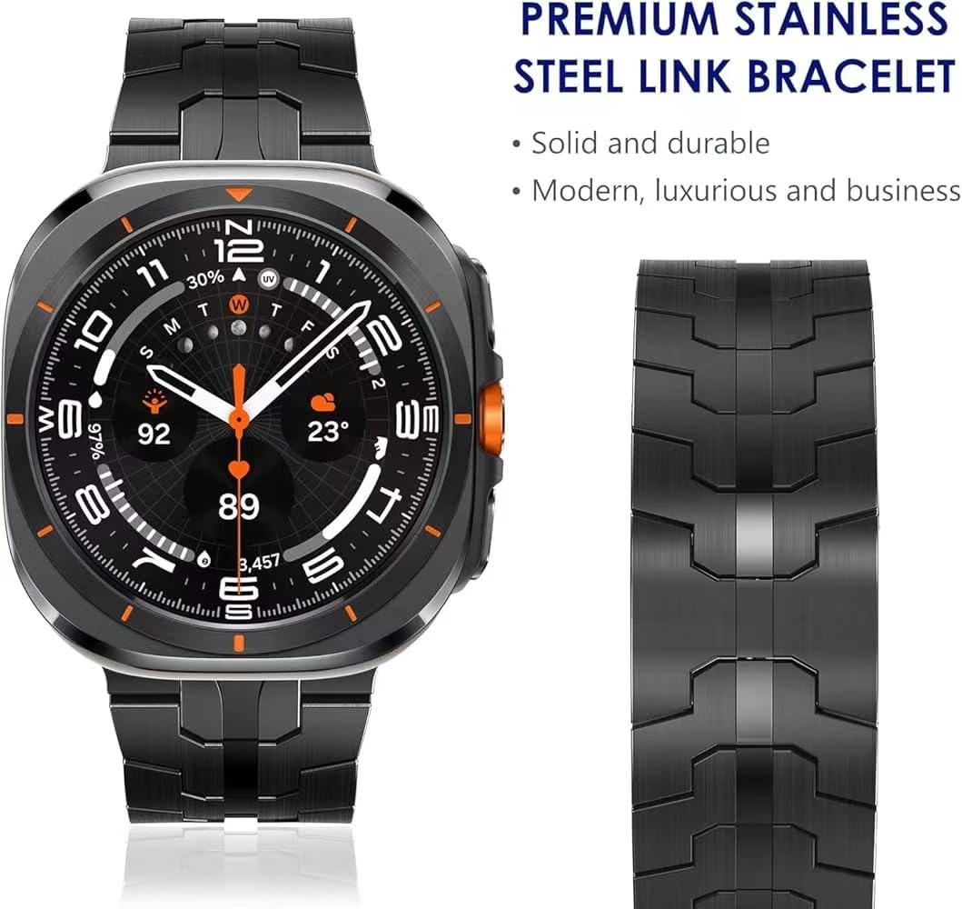 VeveXiao Stainless Steel Band Compatible with Samsung Galaxy Watch 7 Ultra 47mm 2024, Unisex Metal Link Replacement Band, Black, 9.1 inches