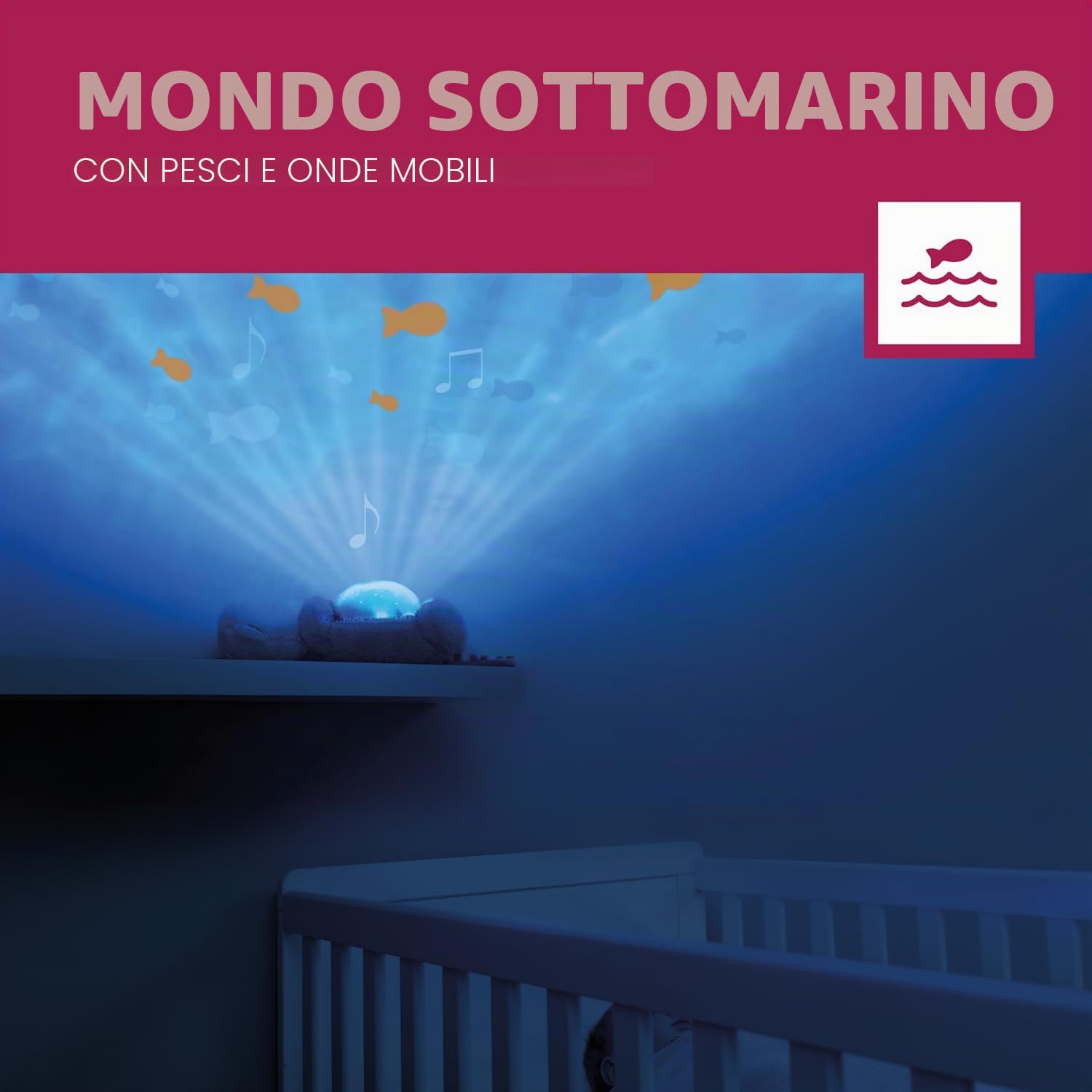 ZAZU Otto der Otter - Proiettore di luce notturna a LED, oceano, pesci mobili, onde, 5 melodie, 3 livelli di sonno, rilevazione del rumore, funzionamento a batteria