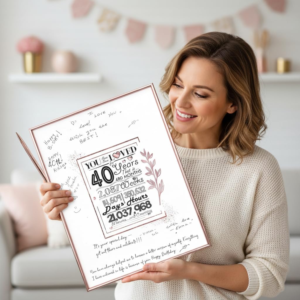 Różowe złoto dekoracje na 40. urodziny dla kobiet - prezenty na 40 urodziny dla niej 30 cm x 40 cm księga gości plakat - oprawiony gotowy do powieszenia i postawienia z długopisem i wieszakiem ściennym - prezenty na cztery lata dla mamy