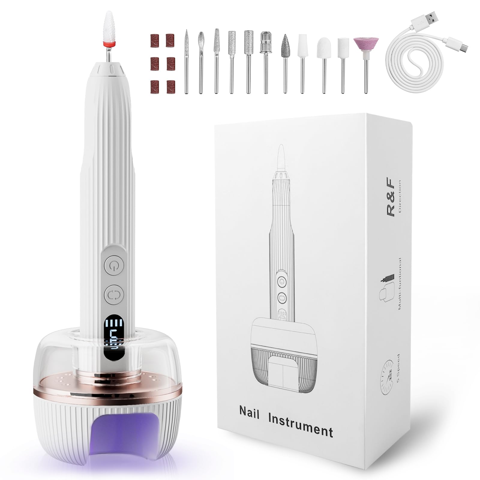 Cordless Electric Nail Drill Machine, 2 in 1 Nail File Kit with U-V Light Professional Portable Rechargeable E File for Acrylic Polish Gel Removal 18000RPM Manicure Pedicure Set with 5 Speeds