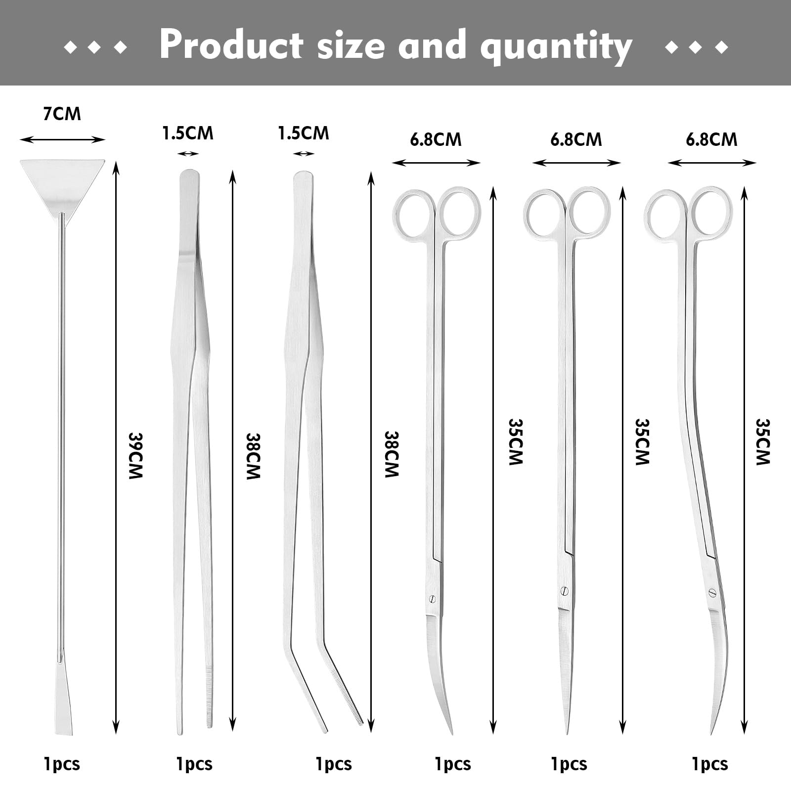 Set di Attrezzi 6 in 1 per Acquario, in Acciaio Inox, Pinzette Lunghe Dritte e Curve, Forbici Dritte, Curve e a S